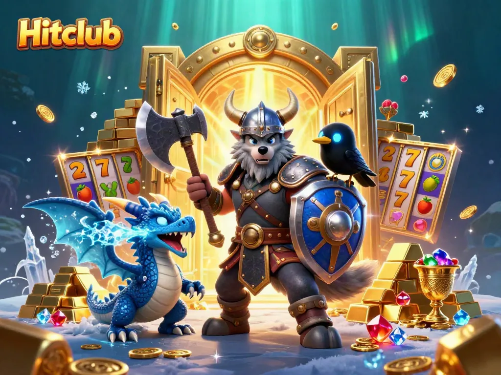 Hitclub players enjoy slots and treasure in this vibrant, 3D casino scene.