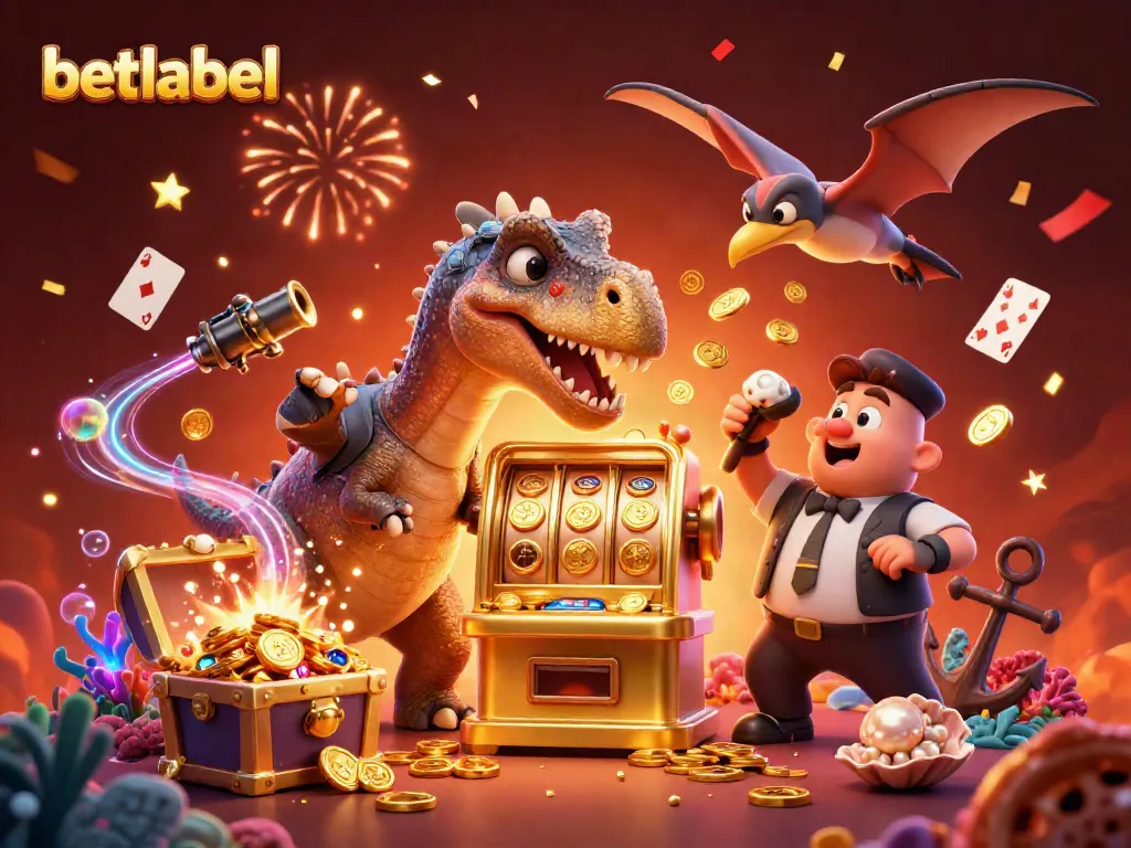 Join the betlabel excitement as a charming pachycephalosaurus triggers a golden jackpot, amidst a vibrant casino scene.