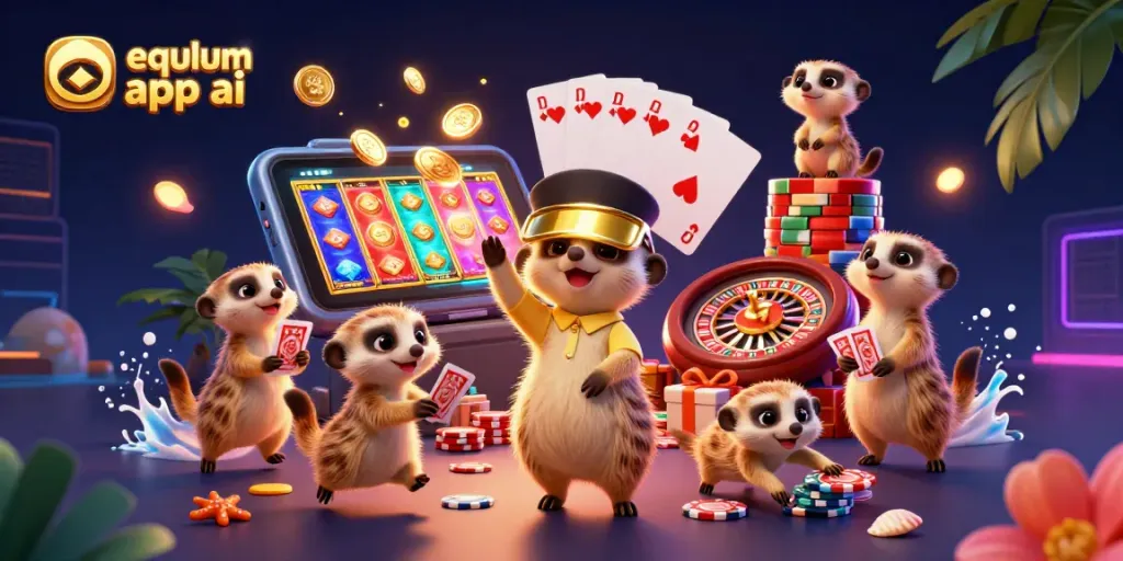 Engage with equlum app ai in a vibrant animated casino scene featuring meerkat characters.