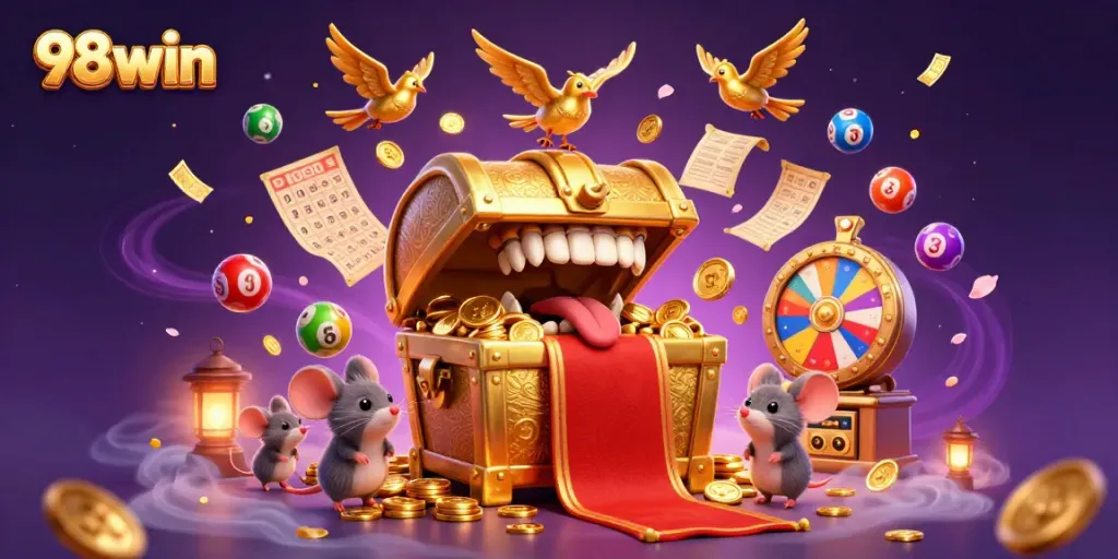 Engage in thrilling gameplay at 98win with vibrant lottery balls and treasure elements.