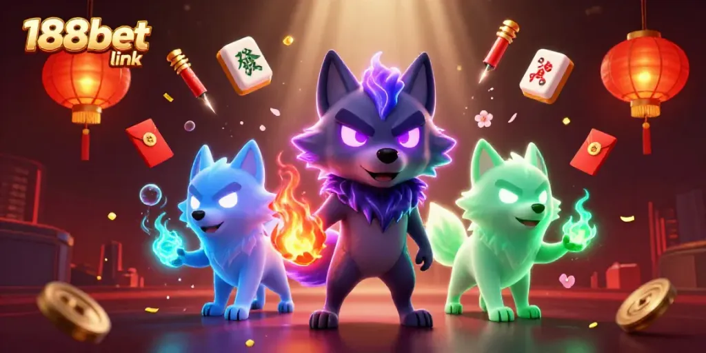 Explore an enchanting scene featuring the 188bet link, highlighting vibrant casino elements and mystical wolf characters.