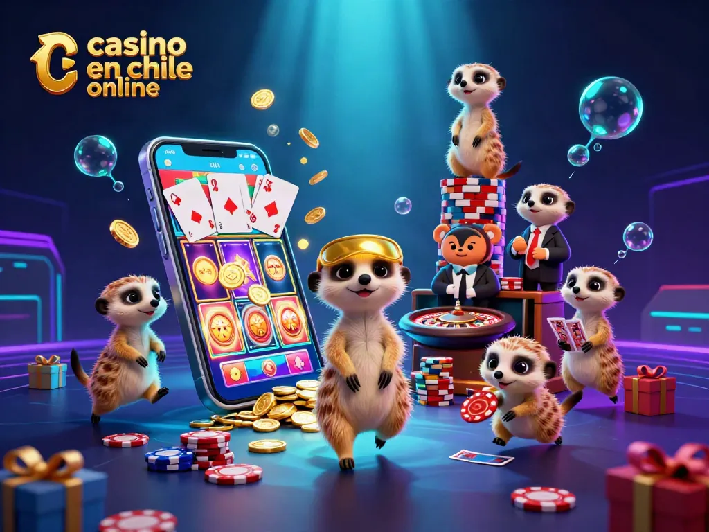 Juega en casino en línea en Chile con una ilustración de suricatos administrando un casino animado.
