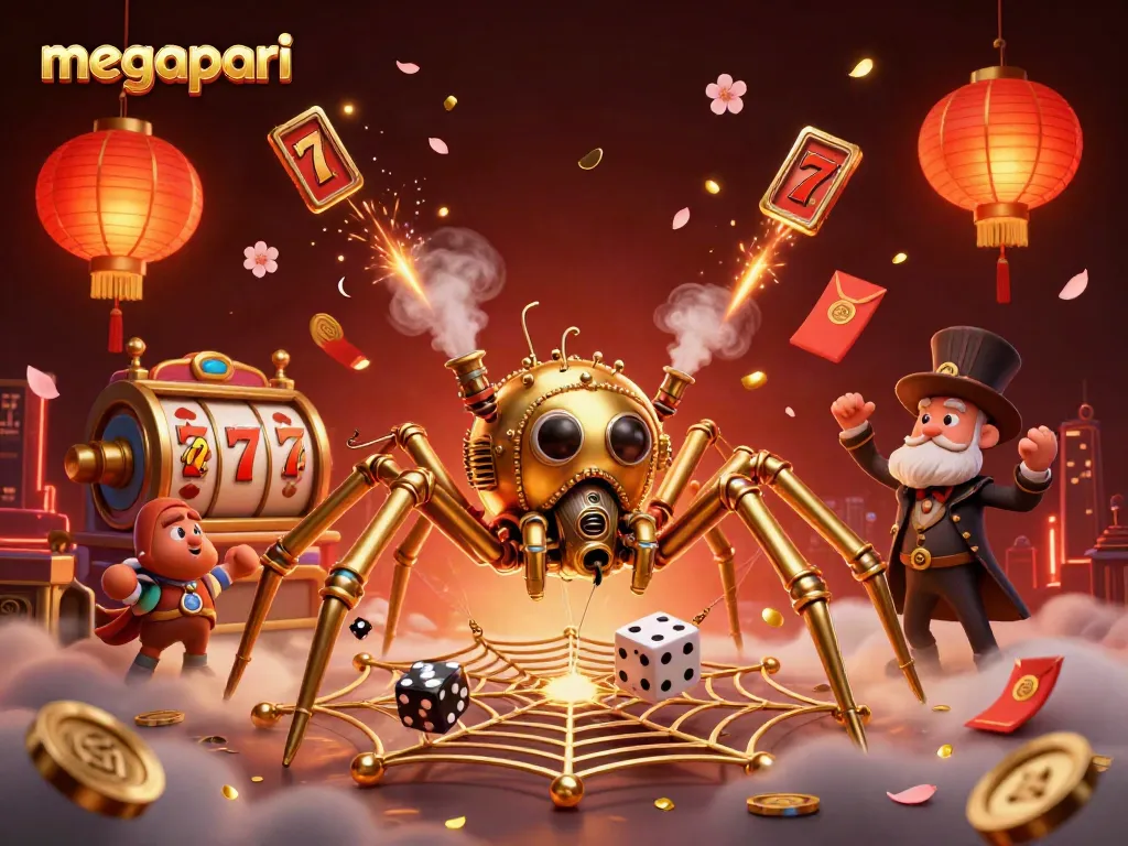 Ilustración de MegaPari mostrando una araña de oro atrapando dados en una red de oro en un casino virtual.
