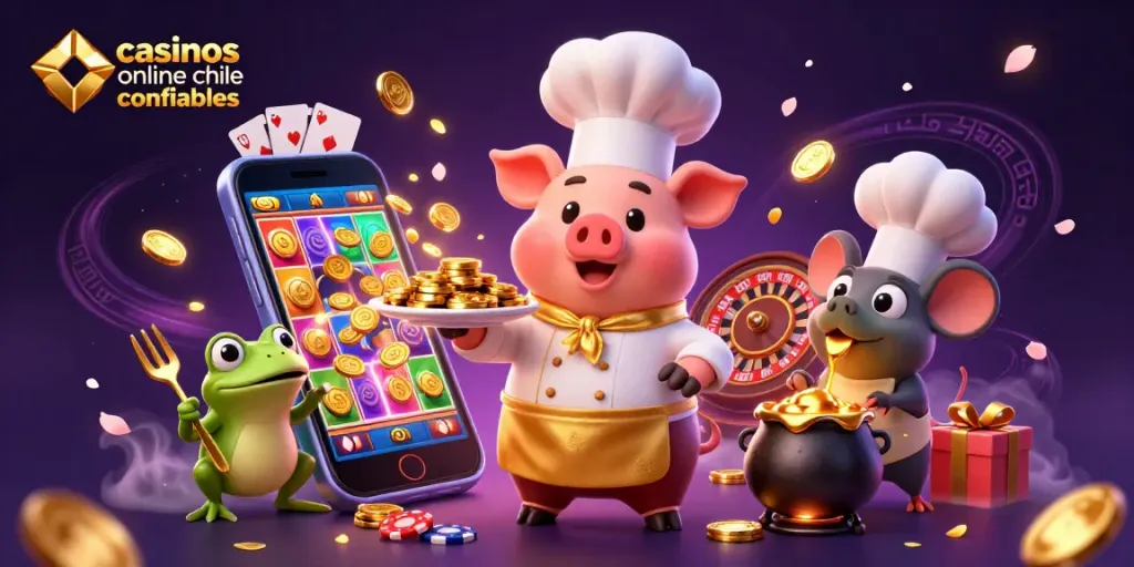 Ilustra los casinos online chile confiables con un chef cerdo y monedas de oro.