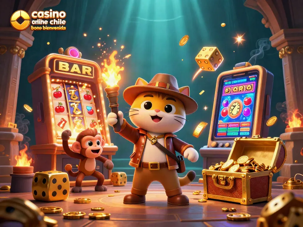 Gana premios con el casino online Chile bono bienvenida en una animada escena de juego.