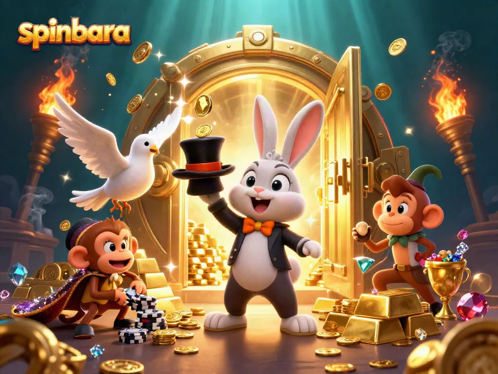 Spinbara features a lively casino scene with characters drawing coins and poker chips surrounded by treasure and gems.