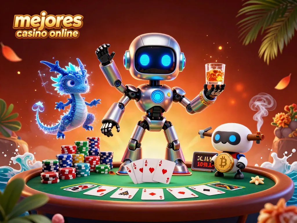 Juega en los mejores casinos online con esta ilustración vibrante de un robot y un dragón 3D.