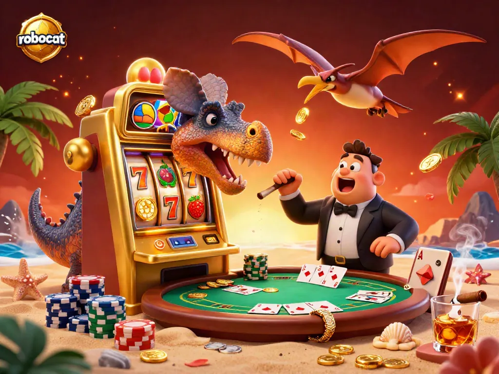 Watch robocat win big, as a dinosaur headbutts a slot machine in a lively casino scene.