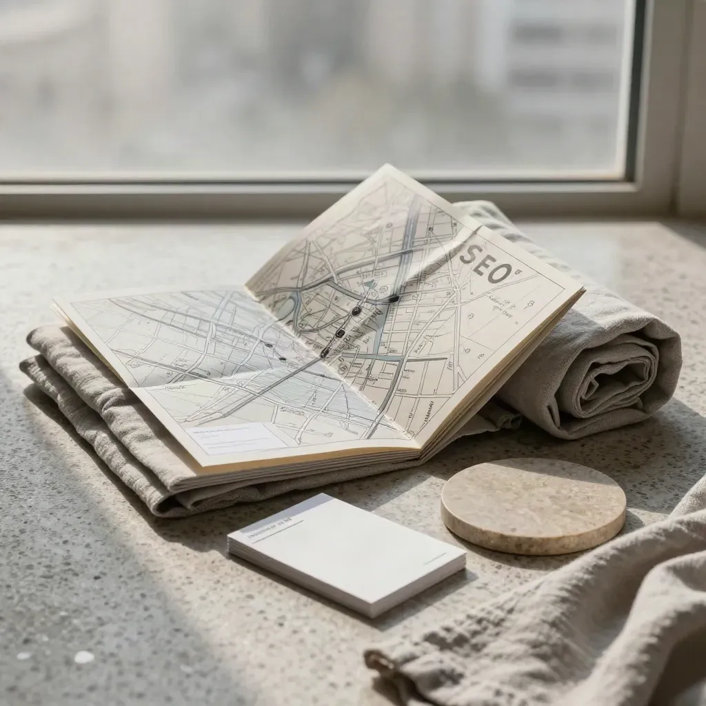 Kit de SEO local con mapa plegado, tarjetas y tela clara sobre travertino.