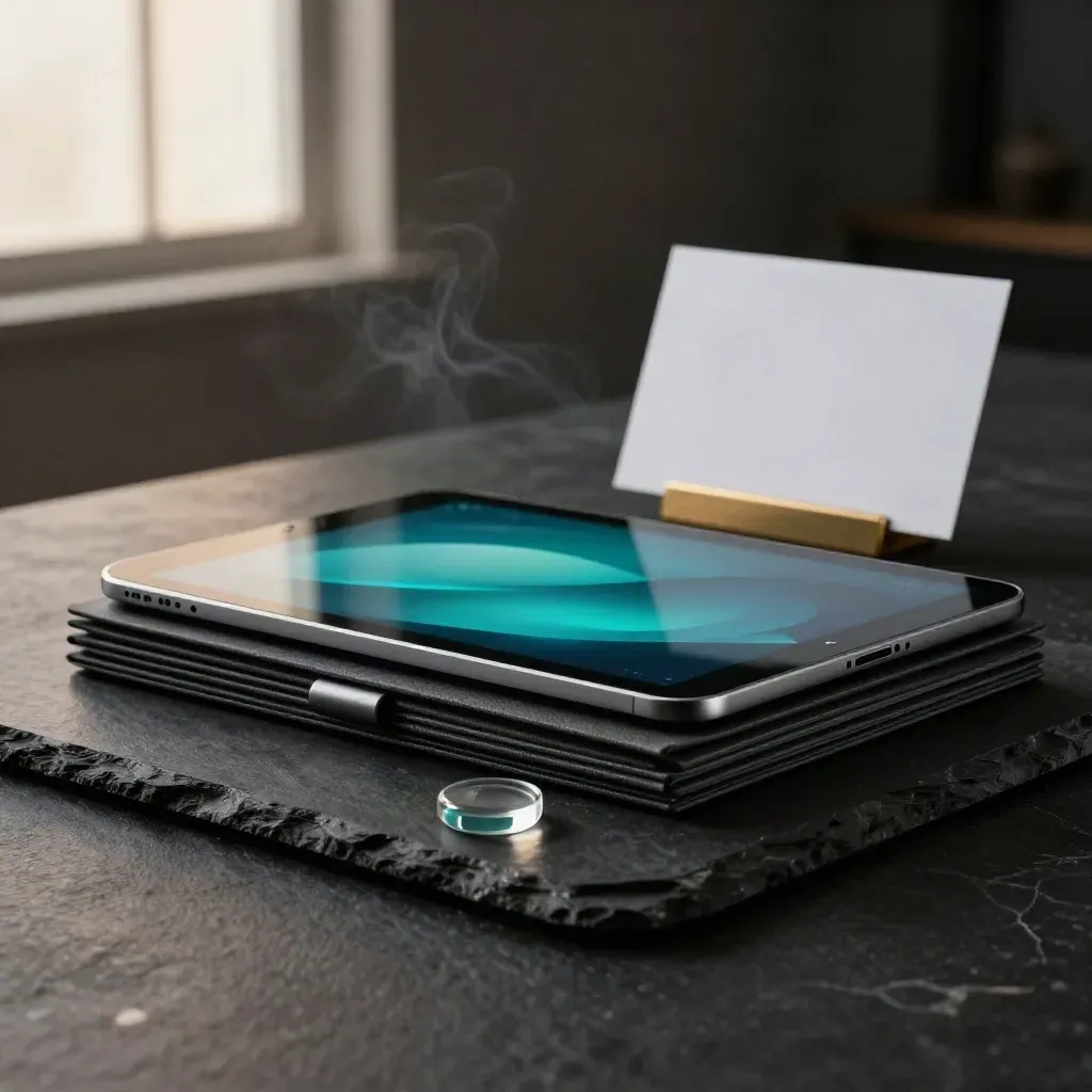 Bundle de leads con tablet, carpetas y brillo cian sobre piedra negra en estudio oscuro.