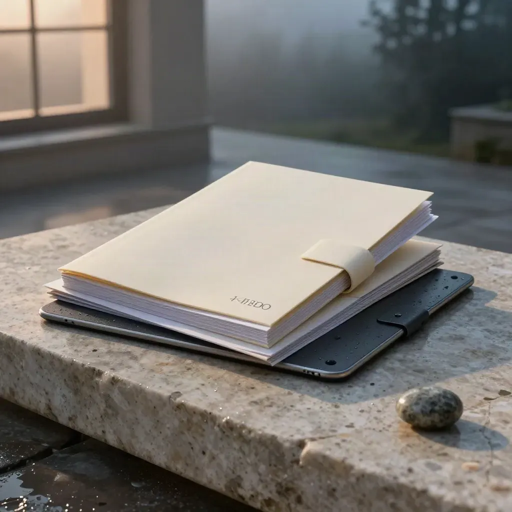 Carpeta de auditoría SEO sobre plinto de travertino, con folletos y tablet en luz azulada.
