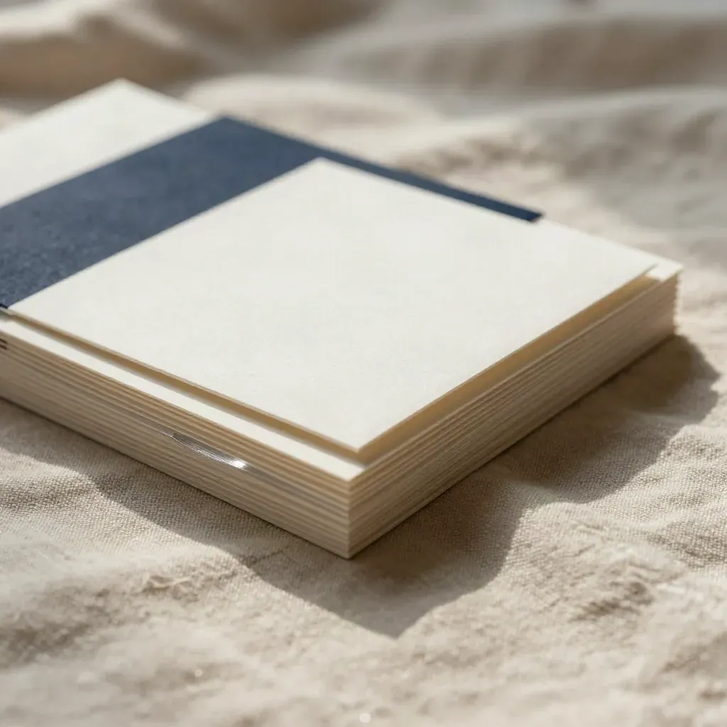 Kit de redes sociales sobre lino, con tarjetas de papel y una muestra textil azul marino.
