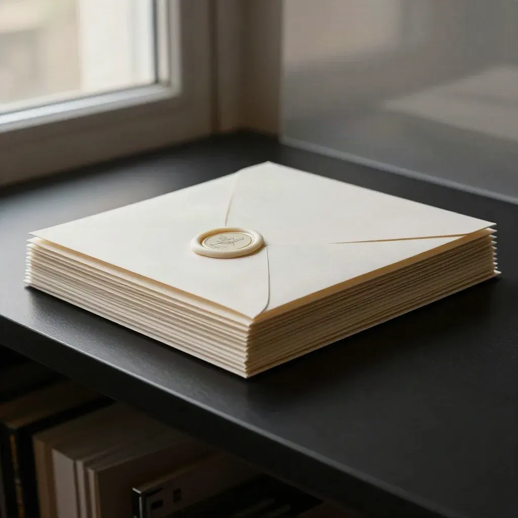 Kit premium de email marketing con sobres, sello de cera y tela blanca sobre fondo oscuro.