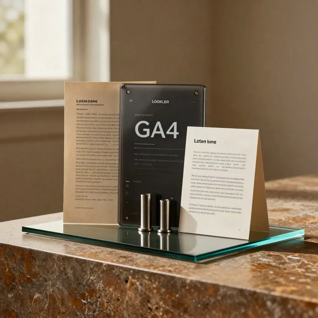 Kit premium de analítica GA4 y Looker sobre pedestal bronce con brillo cian.