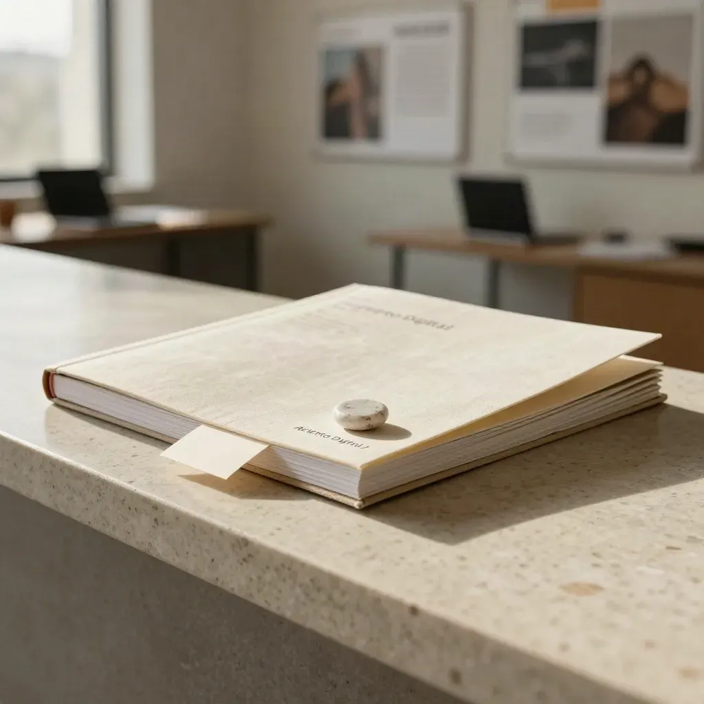 Folio de auditoría SEO local en una mesa de travertino, con tarjeta plegada y ambiente elegante.