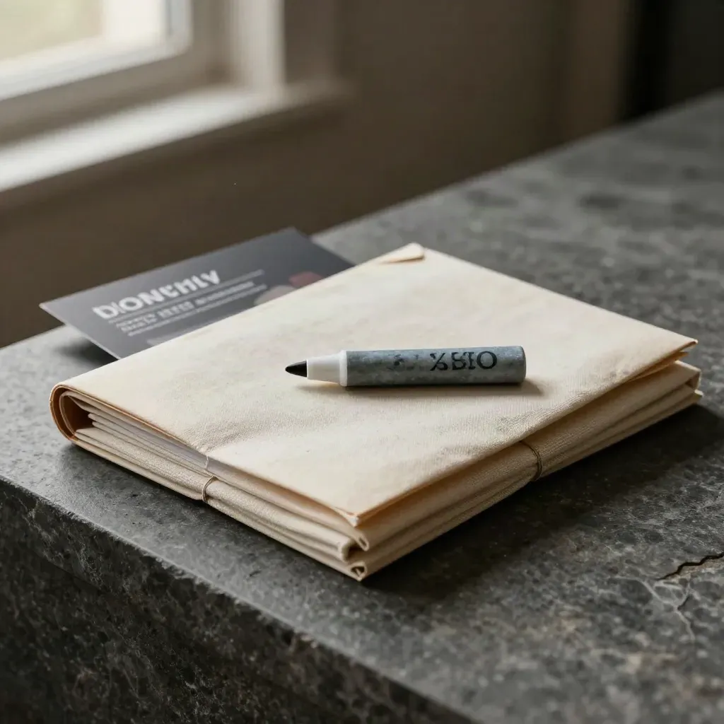 Kit de mantenimiento SEO con carpeta sellada, tela de lino marfil y marcador de piedra.