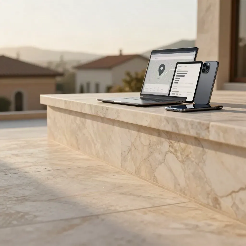 Terraza de mármol al sol con portátil, tableta y móvil difuminados sobre piedra y tejados lejanos.