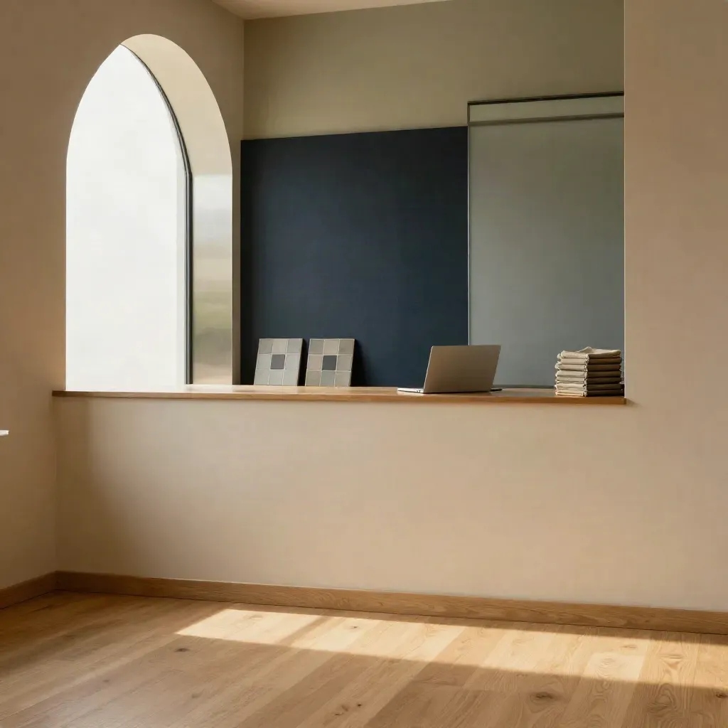 Interior cálido de estudio con madera, yeso y luz de tarde; zona inferior limpia para texto.