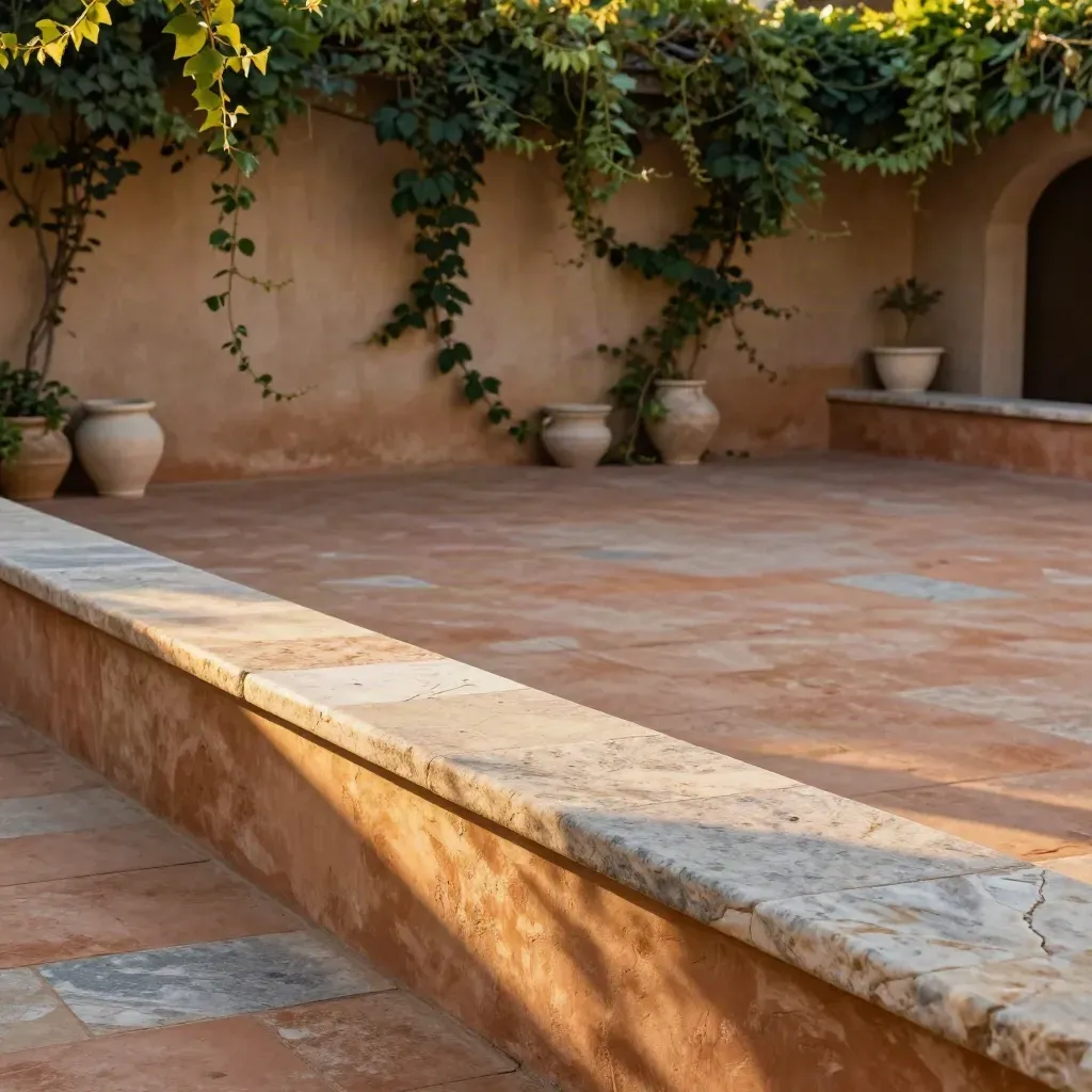 Patio de terracota al atardecer con enredaderas desenfocadas y una repisa de piedra iluminada.