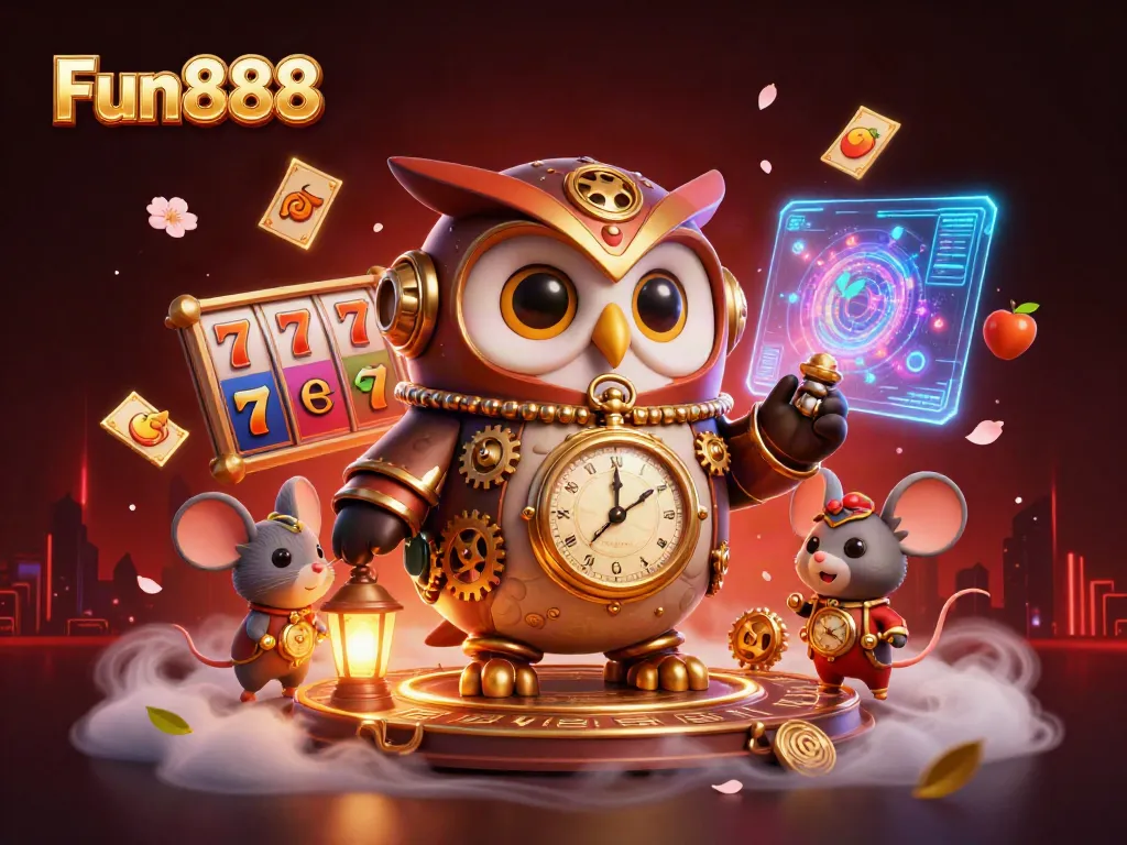 Experience the excitement of Fun888 with a vibrant illustration of casino games and time-traveling characters.