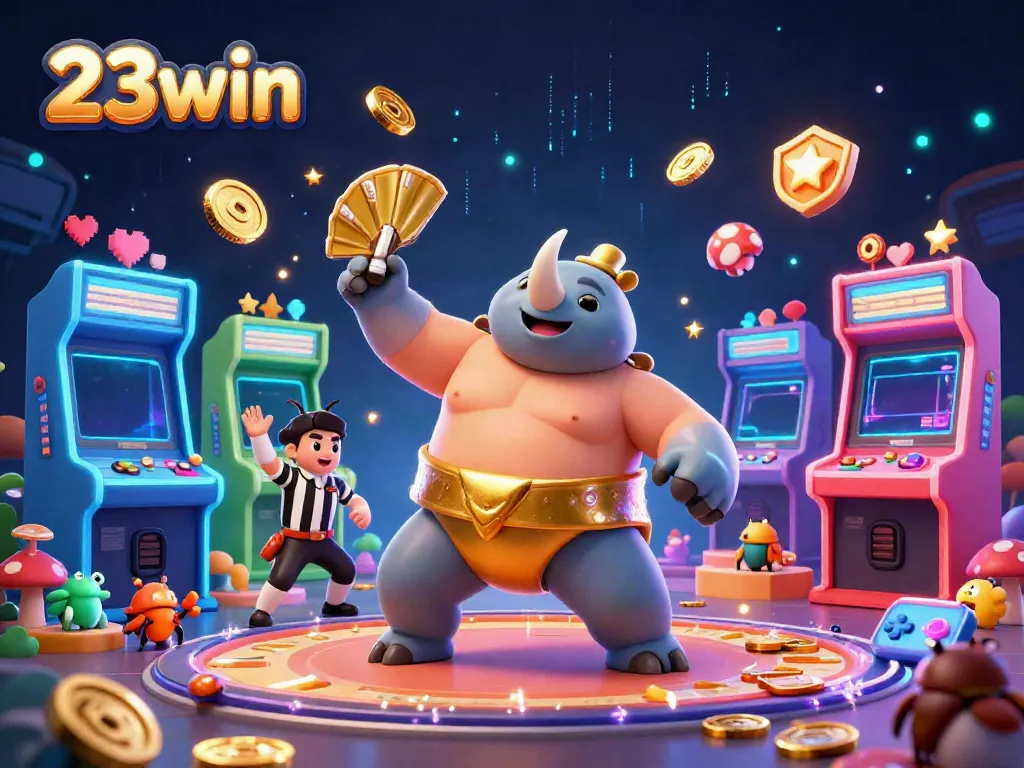Experience the thrilling excitement of 23win with a cartoon sumo beetle champion amidst vibrant casino elements.