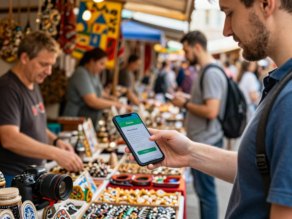 Turista usando la app de https://payinrussia.com/ en un mercado ruso.
