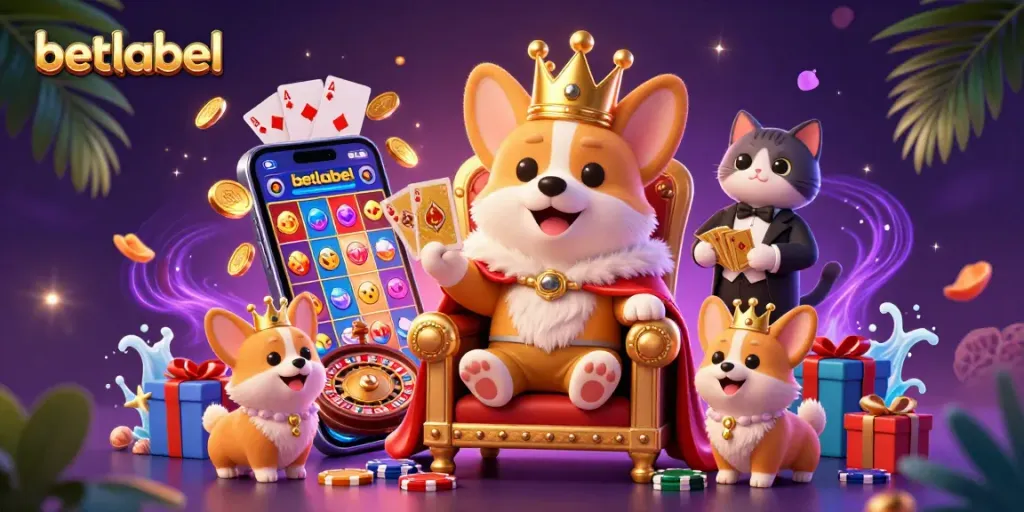 Experience an exciting moment with betlabel as the royal corgi and friends present flamboyant casino elements amidst vibrant visuals.