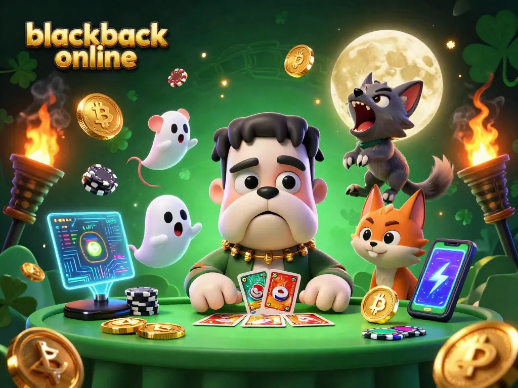 Juega blackjack online en una mesa dirigida por un bulldog Frankenstein y rodeado de monedas digitales y elementos temáticos de casino.