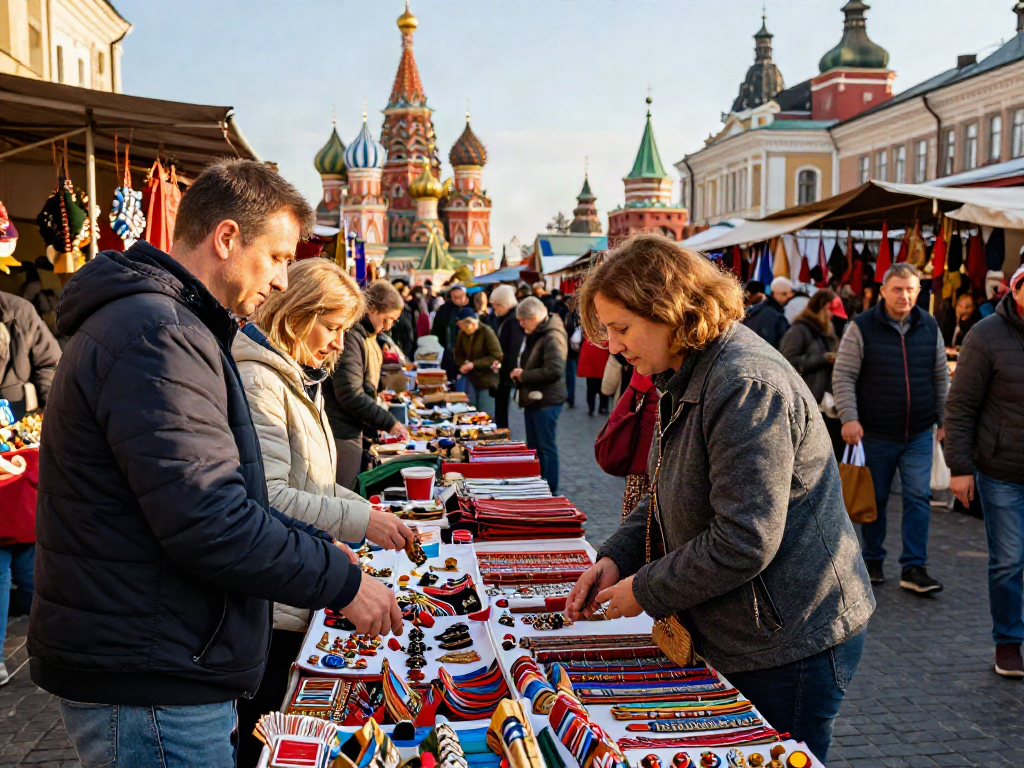 Explorando el mercado en Rusia con PayInRussia, turistas disfrutando de compras locales y cultura.