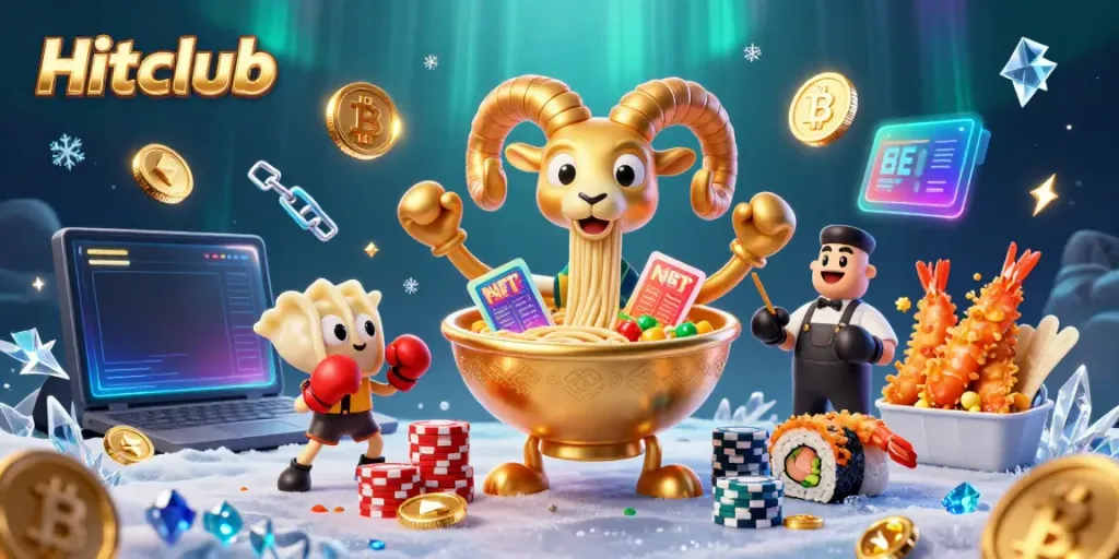 Hitclub features a dynamic illustration of gaming-themed food characters in a vibrant casino setting.