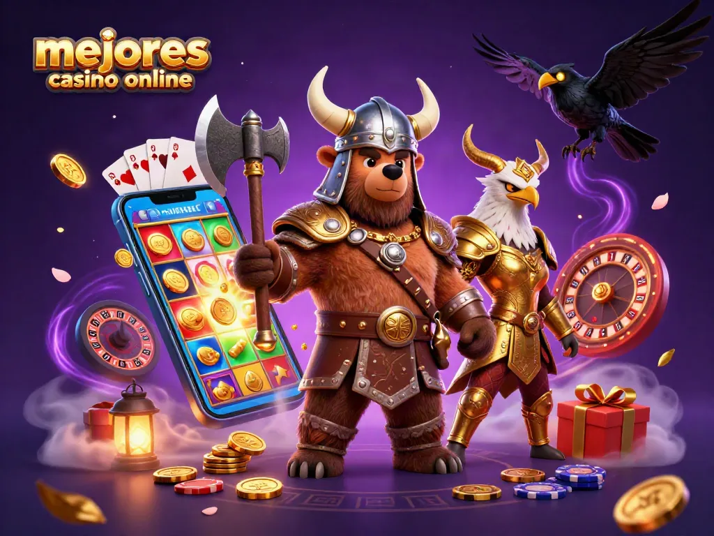 Los mejores casinos online brillan con un guerrero vikingo y una águila valquiria rodeados de juegos de azar.