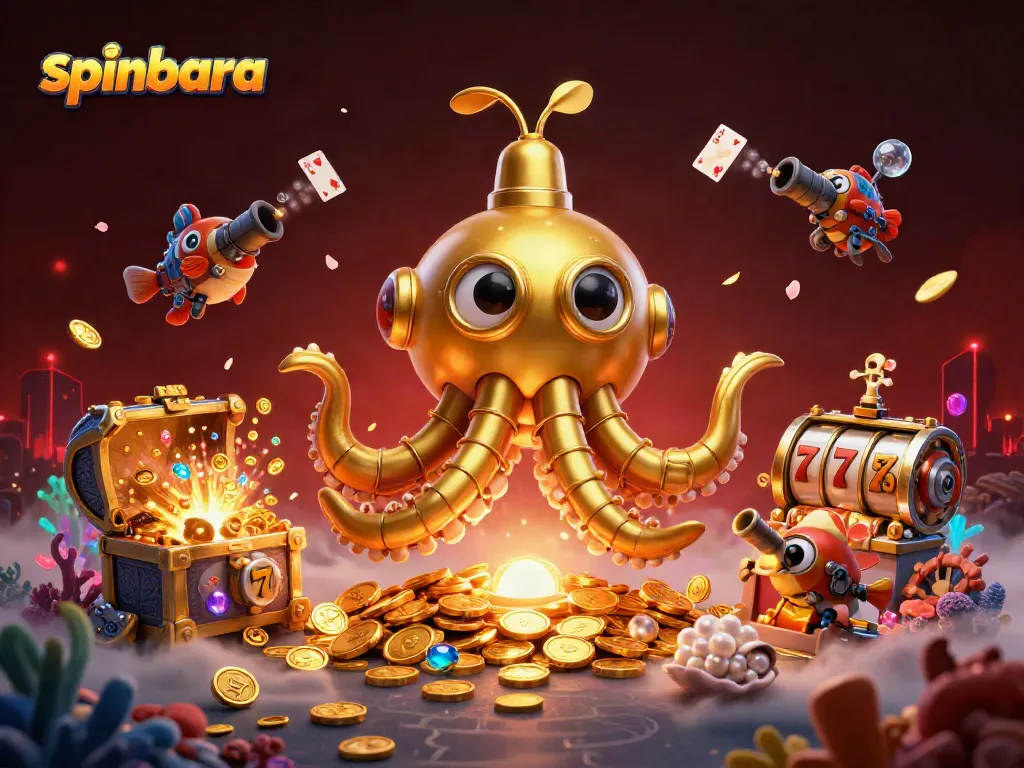 Experience spinbara's exciting slots with detailed golden kraken and vibrant underwater treasures.