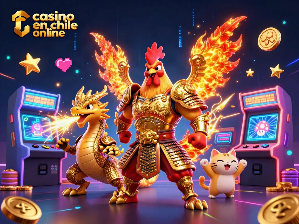 Juega en el casino en chile online con una ilustración dinámica de un gallo guerrero y un dragón.